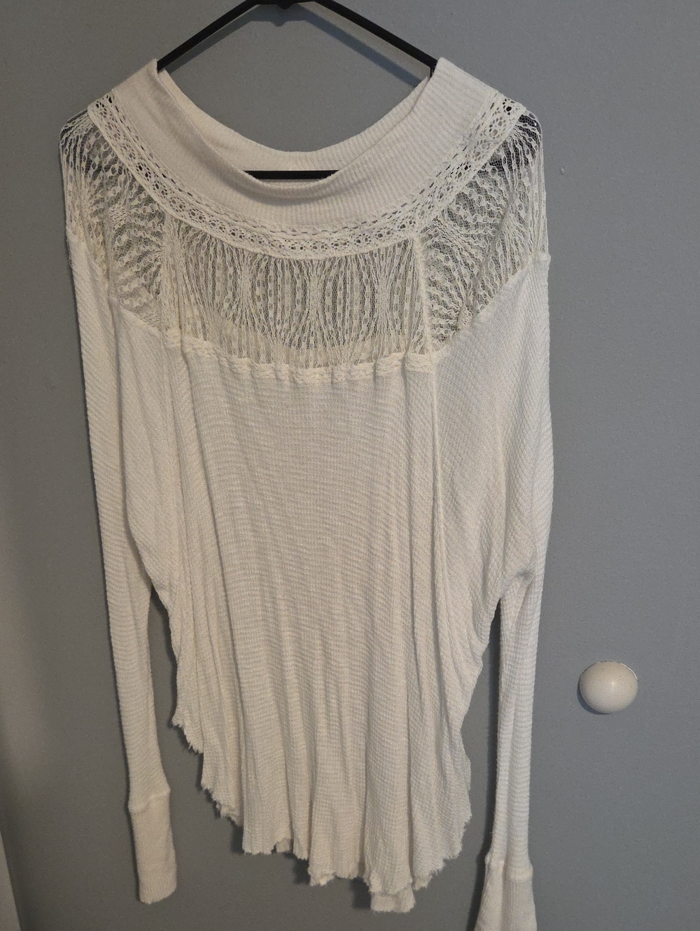Free People Ivory Fringe Lace Yoke Waffle Knit Long Sleeve